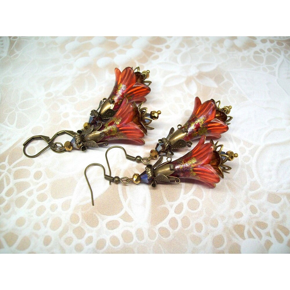 Art Nouveau Flower Earrings Vintage Style, Antique Bronze, Hand Painted Artisan